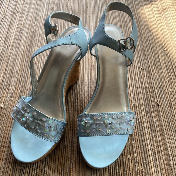 Fioni Baby Blue Satin Shoes with Embellishments & Cork-Wedge Sandals - Size 11W - Picture 7 of 10